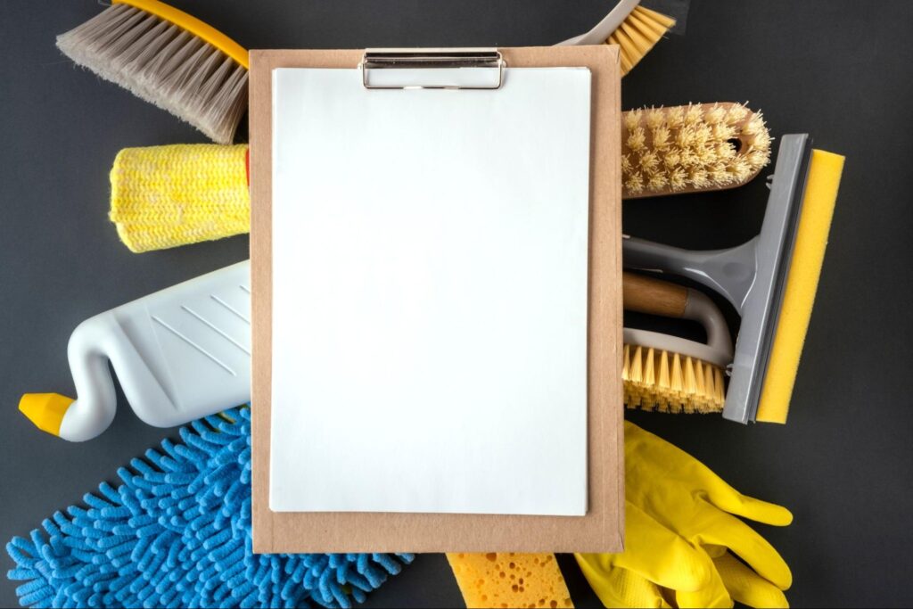 Uma prancheta em branco com instrumentos de limpeza e trabalho atrás.