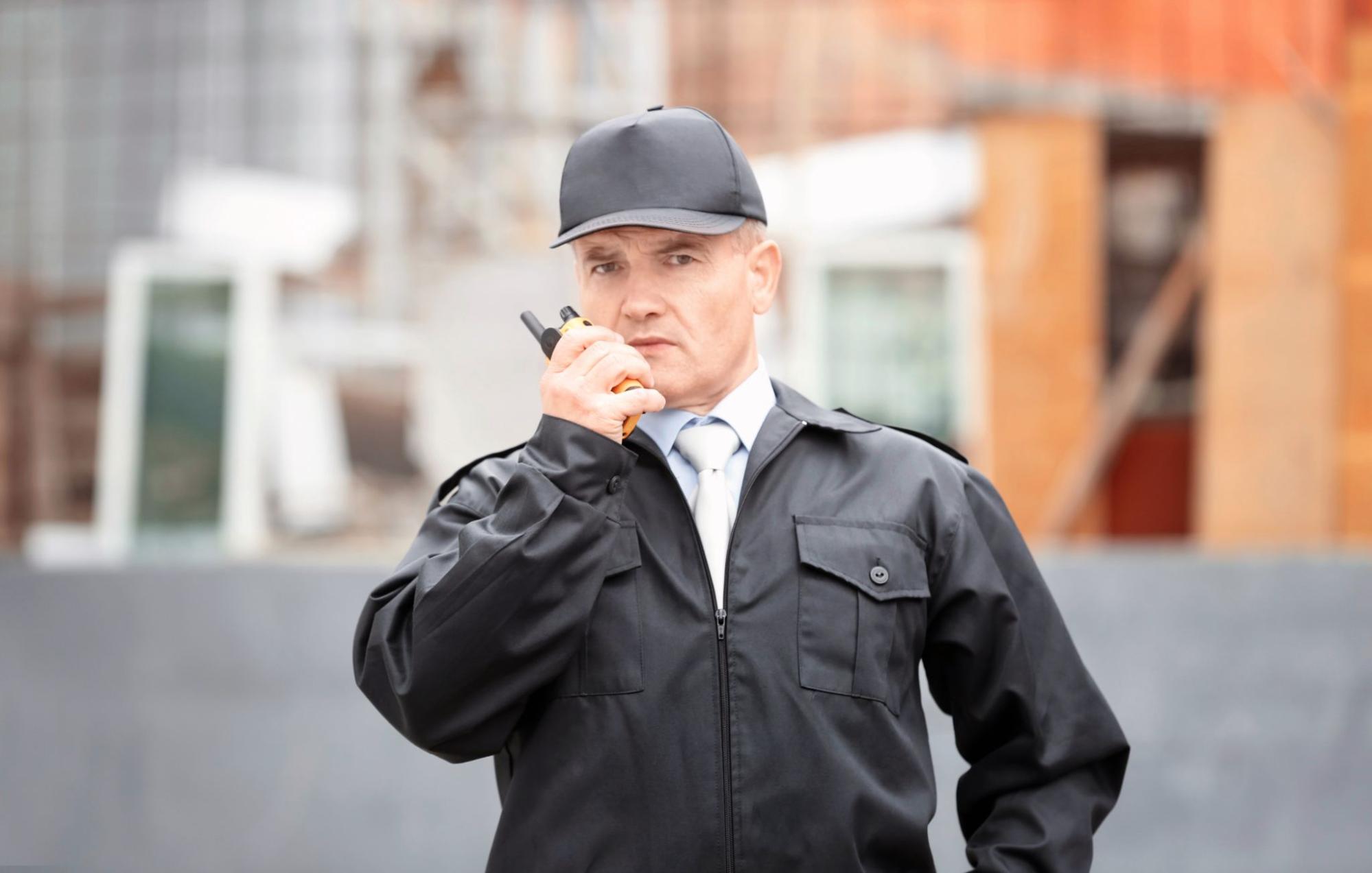 Um vigia com um aparelho de comunicação na mão.